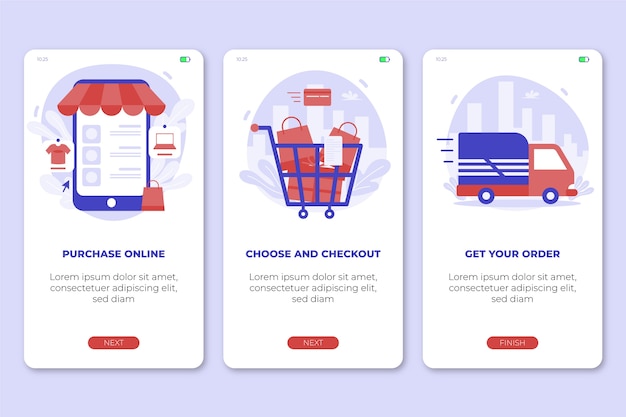 Purchase online onboarding app screens