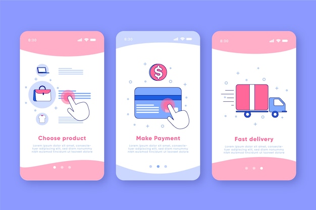 Purchase online onboarding app screens