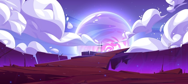 Free Vector purple alien landscape with planet rocky surface