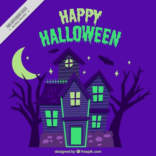 Free Vector purple background of haunted house in flat design