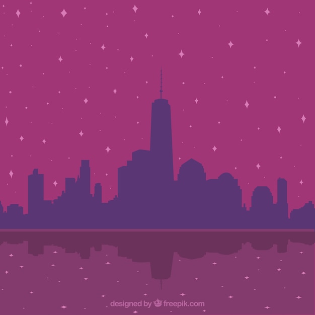 Purple background with city silhouette and stars