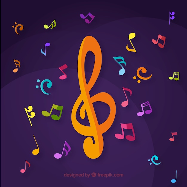 Free Vector purple background with colorful musical notes and treble clef