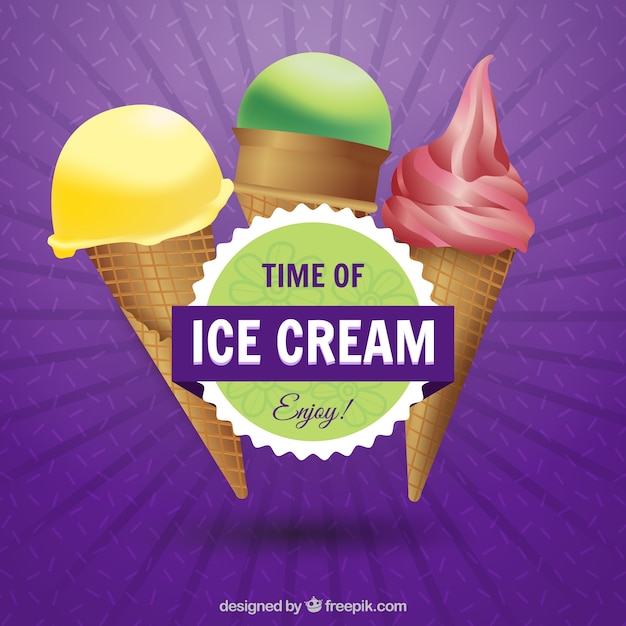 Purple background with three ice cream and sticker