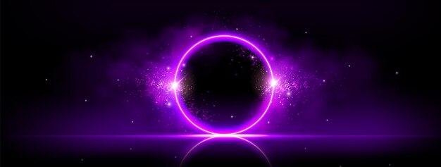 Purple circle in cloud of smoke on black background Vector realistic illustration of round frame shimmering with sparkling particles neon led light border in abstract space mist night party design