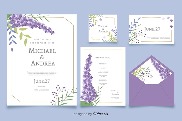 Purple flat design of wedding stationery template