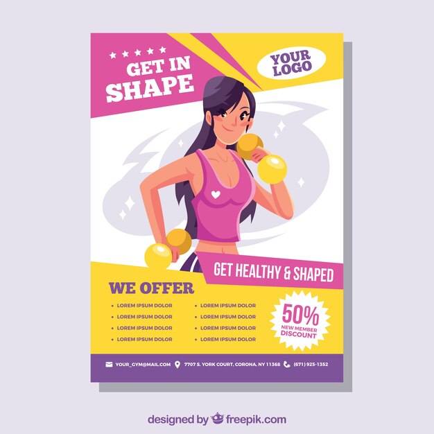 Purple gym flyer template with woman