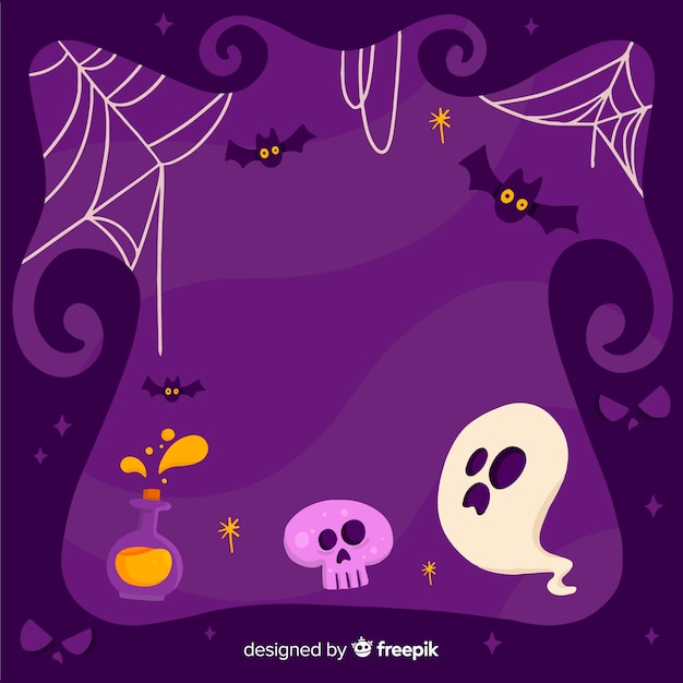 Purple halloween frame with ghost on flat design