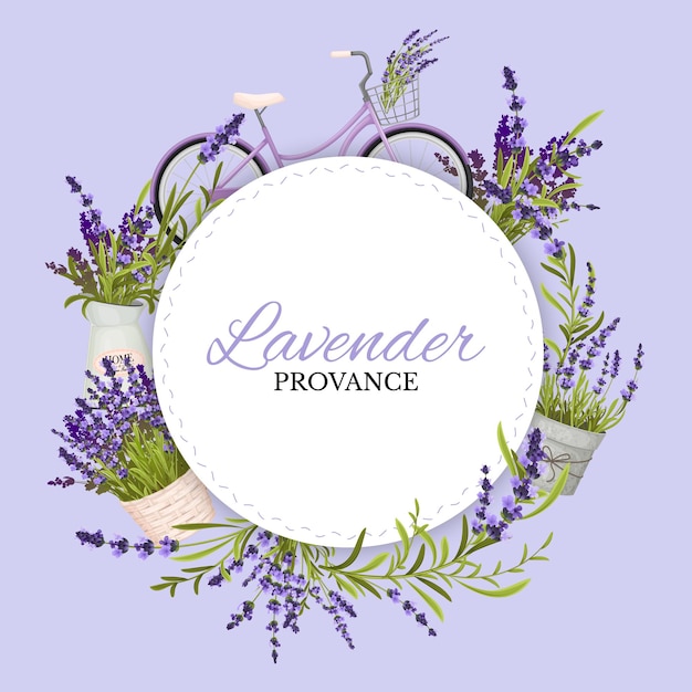 Free Vector purple herbal provance background with round frame decorated with lavender realistic vector illustration