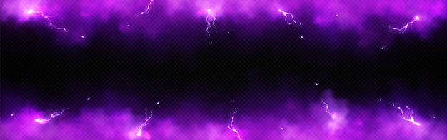 Free Vector purple lightning and smoke effect frame background 3d abstract thunder glow cloud border design element isolated glowing thunderbolt impact overlay with fluffy texture transculent fog with sparkle