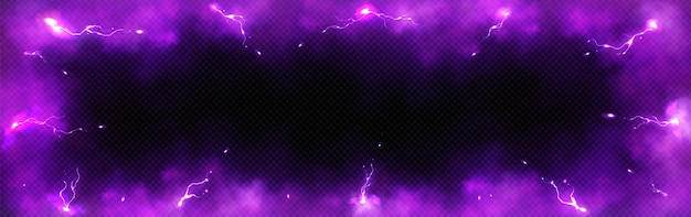 Purple lightning and smoke effect frame background 3d abstract thunder glow cloud border design element Isolated glowing thunderbolt impact overlay with fluffy texture Transculent fog with sparkle