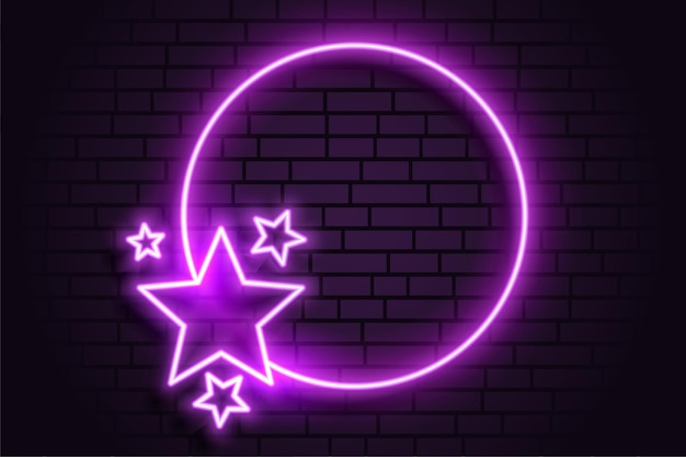 Purple neon romantic circular frame with stars