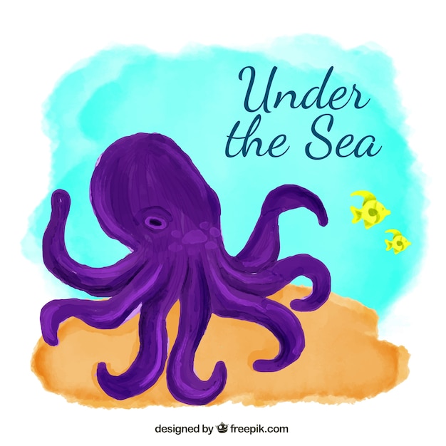 Free Vector purple octopus under the sea watercolor background