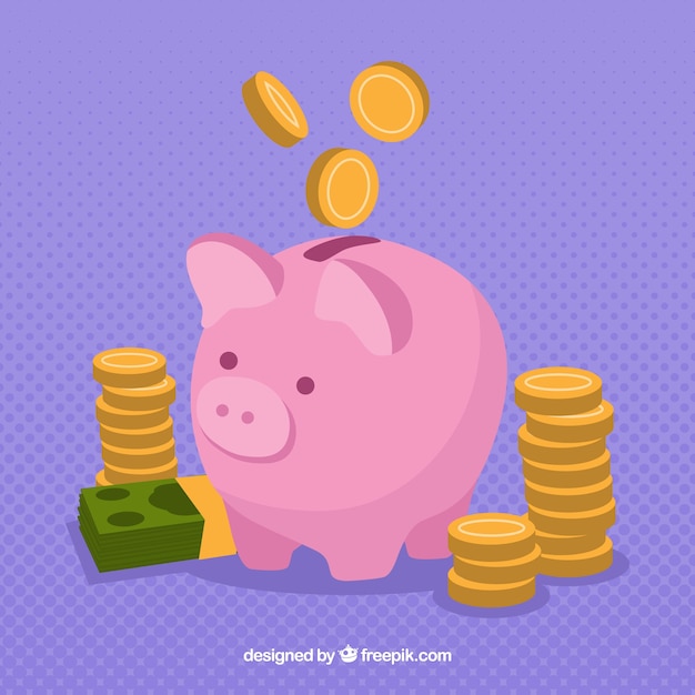 Purple piggy bank background with coins