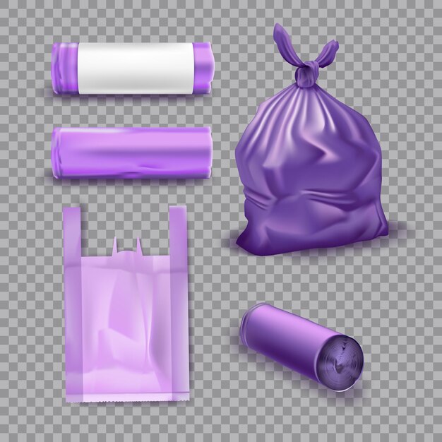 Purple plastic bags for garbage set Package for trash and rubbish with handle vector illustration Container and roll on transparent background Supermarket disposable pack