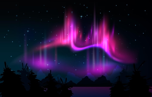 Free Vector purple polar lights illuminating night landscape with silhouettes of mountains and arctic coniferous trees realistic vector illustration