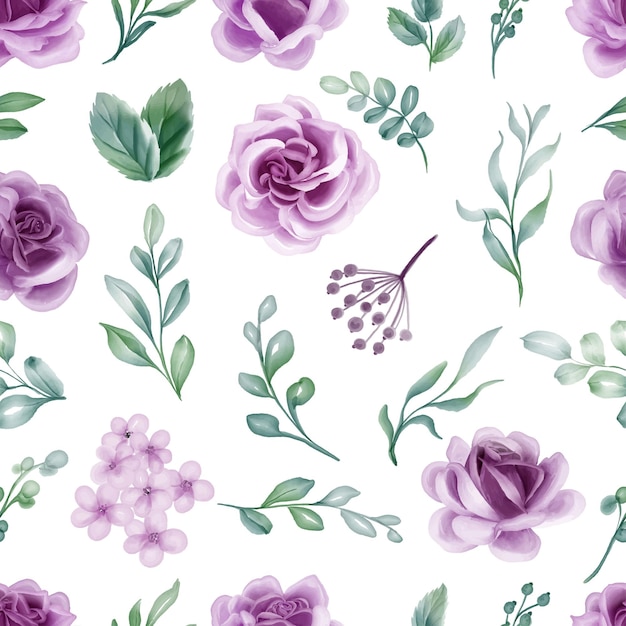 Free vector purple rose watercolor floral seamless pattern luxurious floral backgrounds textile or wallpaper design prints and invitations and postcards