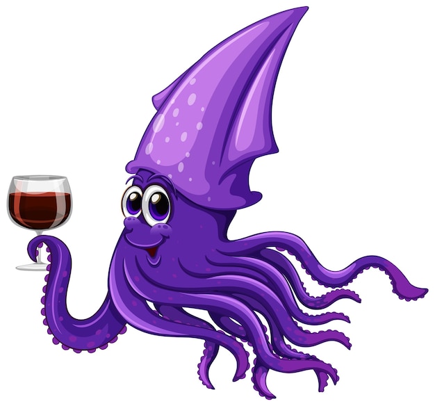 Free vector purple squid drinking wine cartoon character