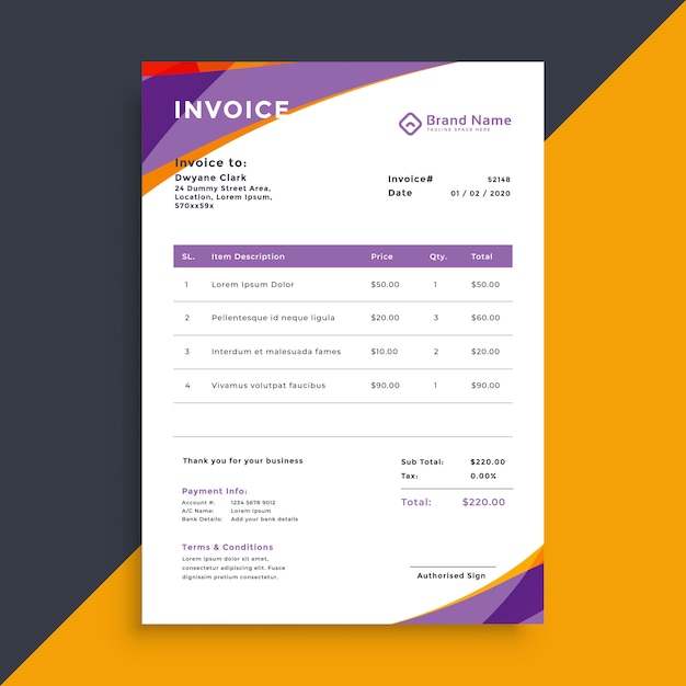 Purple stylish business invoice template