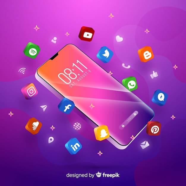 Purple themed mobile phone surrounded by colorful apps