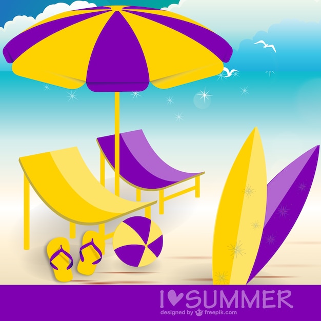 Purple and yellow hammocks in the sea shore