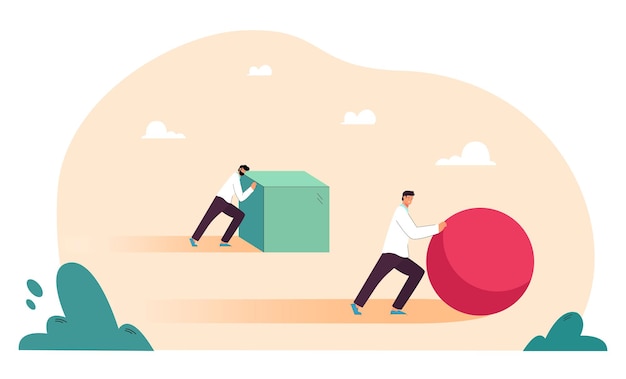 Free Vector push competition of two business people. efficient businessman pushing ball, smarter winner working better, leading race flat illustration.