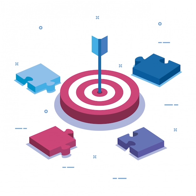 Puzzle pieces with target and arrow