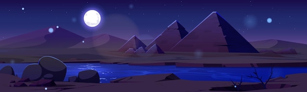 Free Vector pyramid in egypt desert oasis night landscape