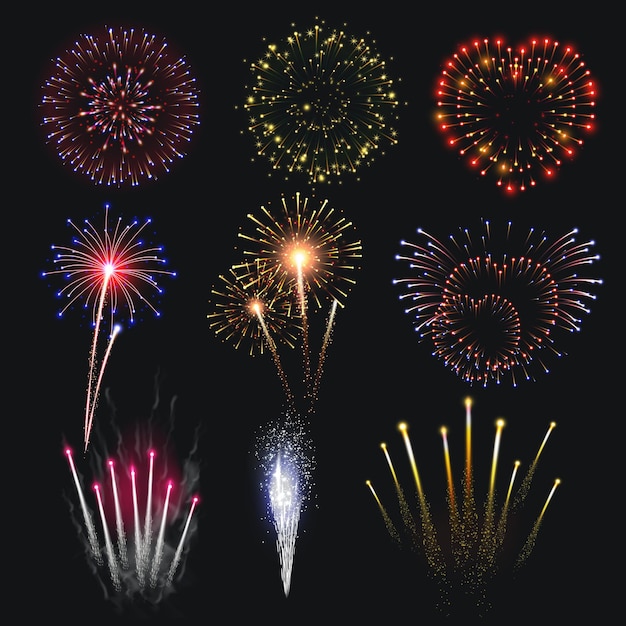 Pyrotechnics and fireworks set with show symbols on black background realistic isolated vector illustration