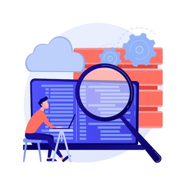 QA tester. Developmental kit. Analyzing binary code. Close inspection, coding, checking open script. Website administration. Reaffirming quality. Vector isolated concept metaphor illustration.