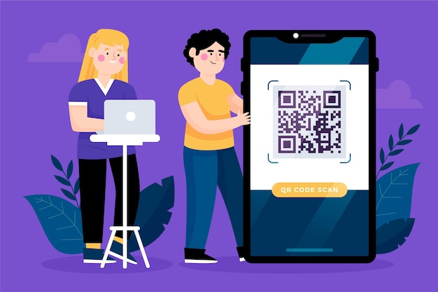 Free Vector qr code and characters on their laptop