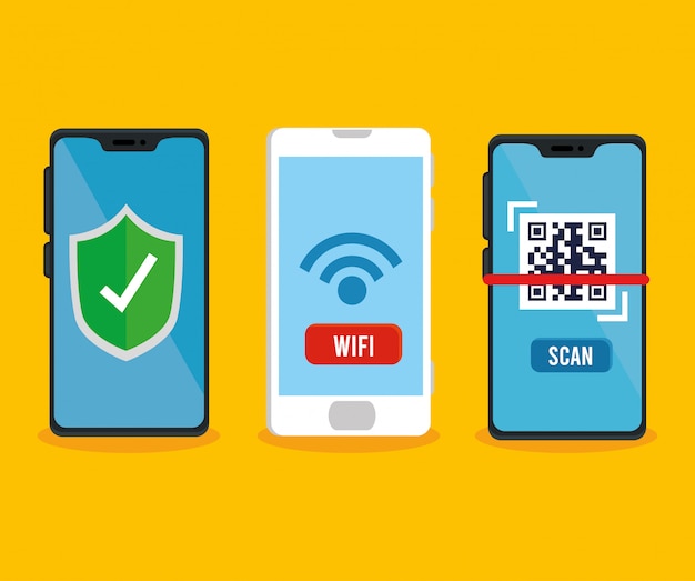 Free Vector qr code shield and wifi inside smartphones vector design