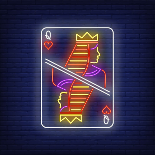 Queen of hearts playing card neon sign. 