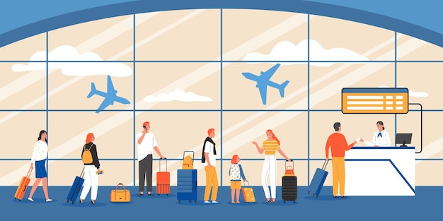 Queue composition with airport scenery silhouettes of flying airplanes and passengers with suitcases standing in line vector illustration