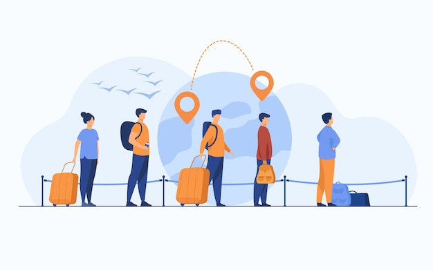 Queue of immigrants standing and holding luggage, waiting departure in airport. Group of tourists with globe, map pointers and destination line in background. For travel or immigration concept