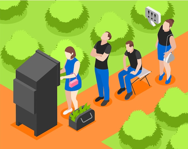 Free Vector queue isometric colored concept girl is holding up the queue to the atm and annoying the other people with it vector illustration