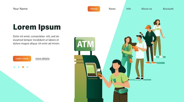 Free Vector queue of people standing for using atm. bank customer inserting credit card to slot for transaction. vector illustration for business, banking, finance concept