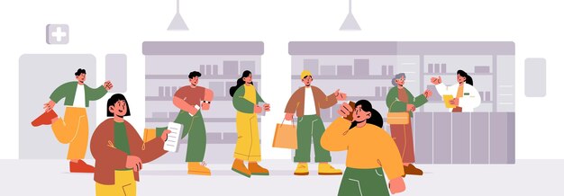 Queue in pharmacy people line at drug store counter desk with pharmacist Customers paying for medicine purchase choose pills on shelves Characters get medicine service Line art vector illustration