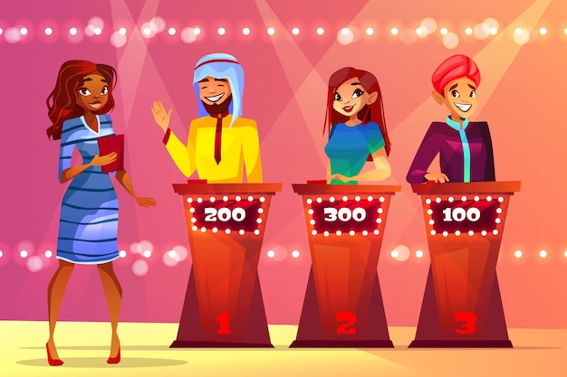 Free Vector quiz trivia illustration of people in game show studio. 