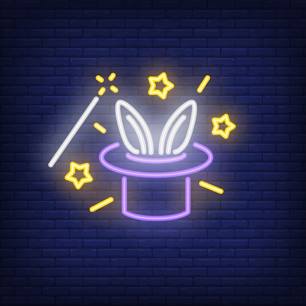 Free Vector rabbit ears emerging from magicians hat neon sign