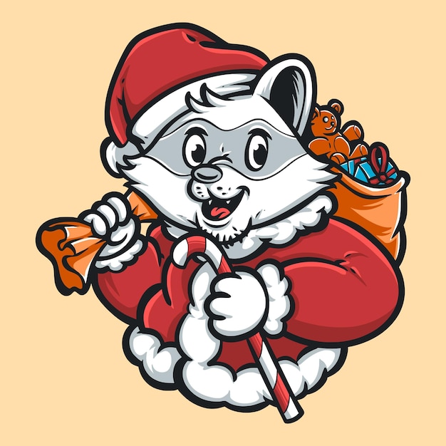 Free Vector raccoon santa with gift bag cartoon