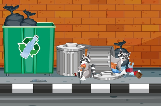 Free Vector raccoons searching trashcan full of dirty bags and plastic