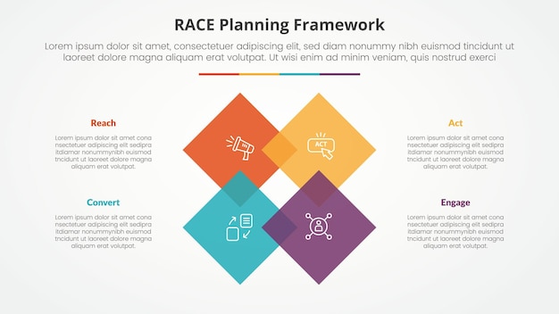 Free Vector race framework infographic concept for slide presentation with rotated square diamond on center with 4 point list with flat style