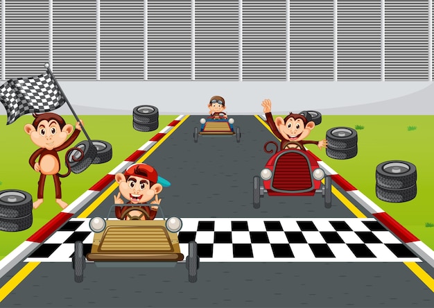 Race track scene with monkey racing drivers