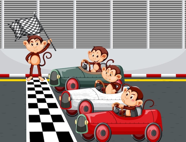 Race track scene with monkey racing drivers