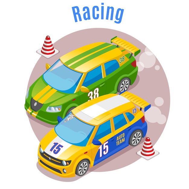 Racing sports concept with racing track and cones symbols isometric 