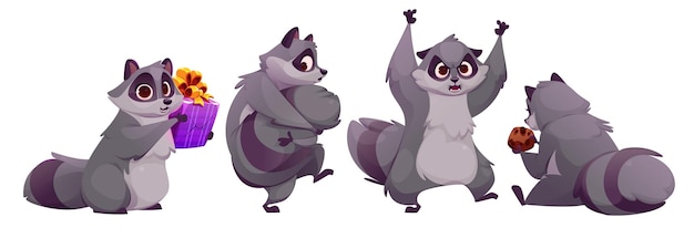 Racoon cartoon character in various poses