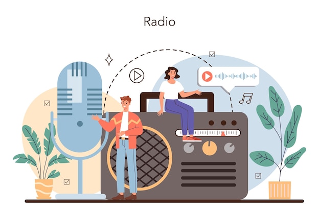 Free Vector radio host concept idea of news broadcasting in the studio radio dj interviewing a person podcasting through the microphone flat vector illustration