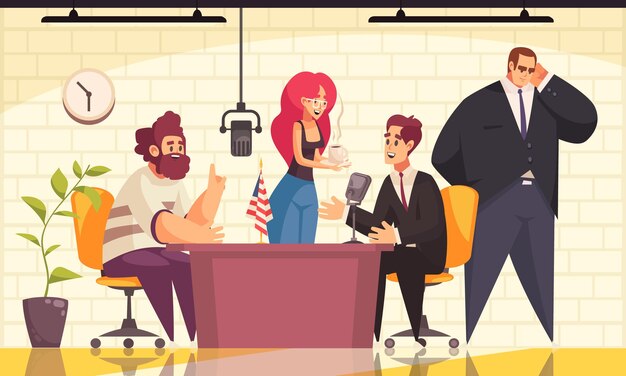 Radio show with politician interview on air symbols flat illustration