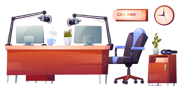 Radio station studio interior stuff set, clip art