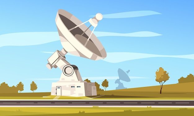 Radio  telescope  station  with  large  parabolic  antenna  for  space  research  against  autumn  landscape    illustration